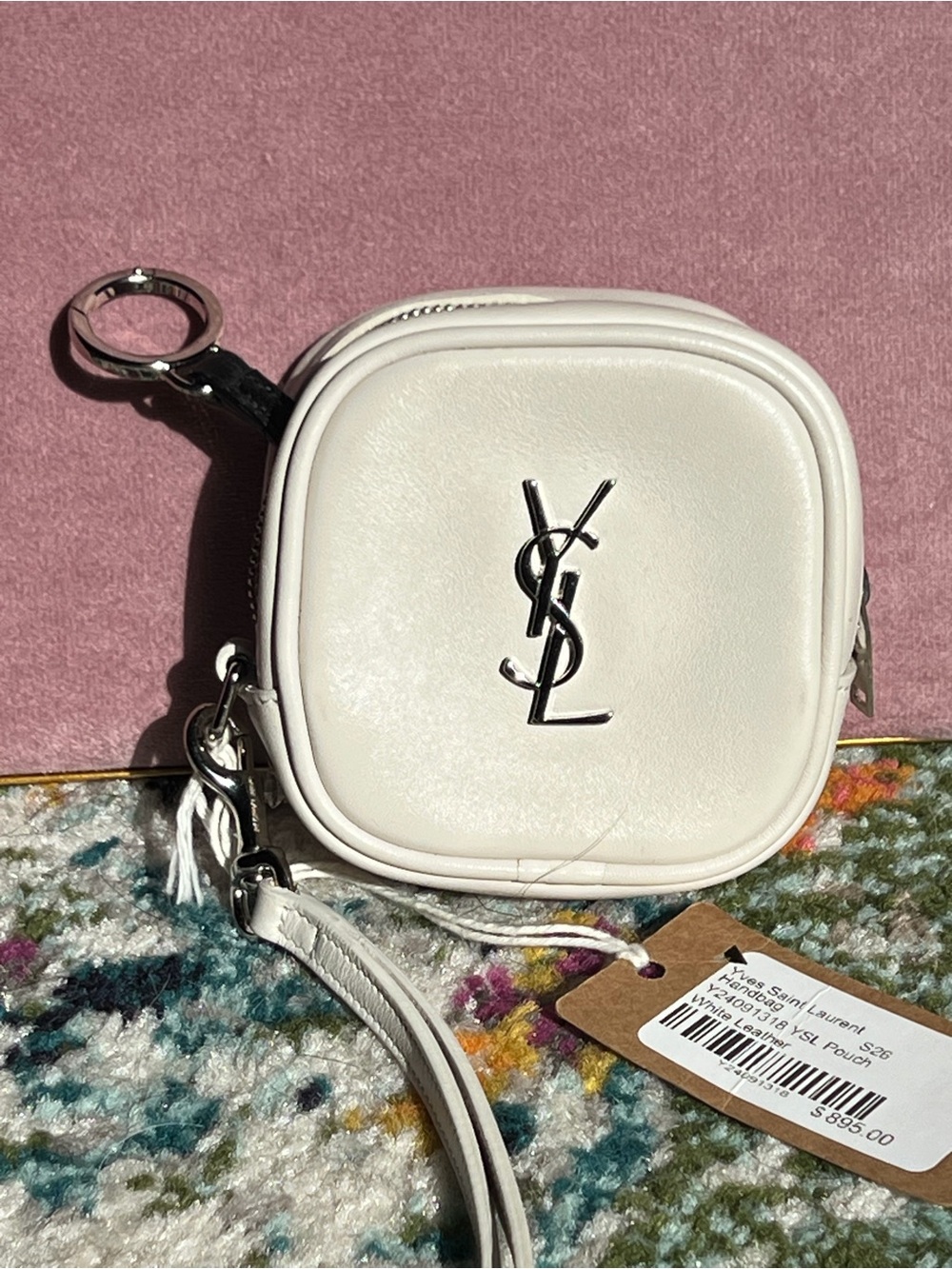 Yves Saint Laurent White Leather Square Logo Coin Pouch